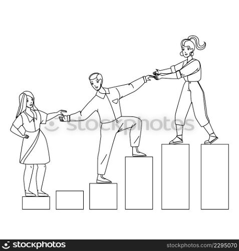 Mentor Helping Employee For Achievement Black Line Pencil Drawing Vector. Woman Mentor Help Man And Guy Help Girl For Growth Work Career Or Consult For Increase Income. Characters Business. Mentor Helping Employee For Achievement Vector