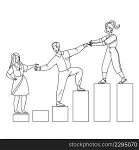 Mentor Helping Employee For Achievement Black Line Pencil Drawing Vector. Woman Mentor Help Man And Guy Help Girl For Growth Work Career Or Consult For Increase Income. Characters Business. Mentor Helping Employee For Achievement Vector