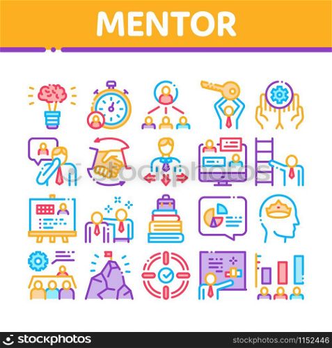 Mentor Relationship Collection Icons Set Vector Thin Line. Human Holding Key And Gear, Stopwatch And Mountain With Flag, Mentor Concept Linear Pictograms. Color Contour Illustrations. Mentor Relationship Collection Icons Set Vector
