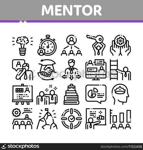 Mentor Relationship Collection Icons Set Vector Thin Line. Human Holding Key And Gear, Stopwatch And Mountain With Flag, Mentor Concept Linear Pictograms. Monochrome Contour Illustrations. Mentor Relationship Collection Icons Set Vector