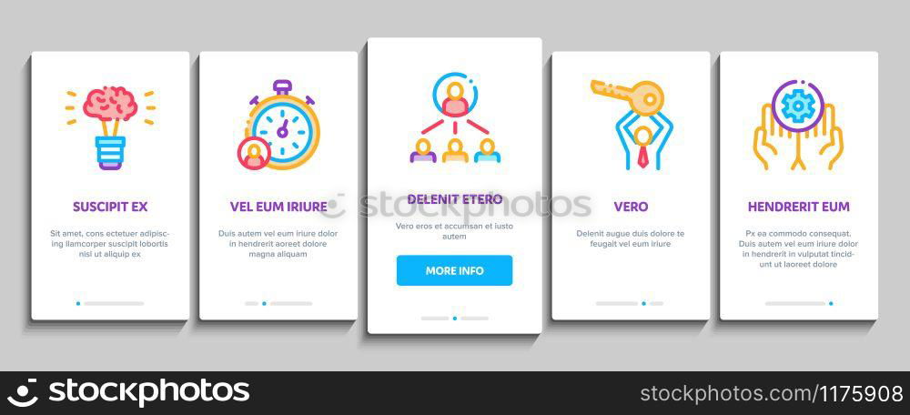 Mentor Relationship Onboarding Mobile App Page Screen Vector. Human Holding Key And Gear, Stopwatch And Mountain With Flag, Mentor Concept Linear Pictograms. Color Contour Illustrations. Mentor Relationship Onboarding Elements Icons Set Vector