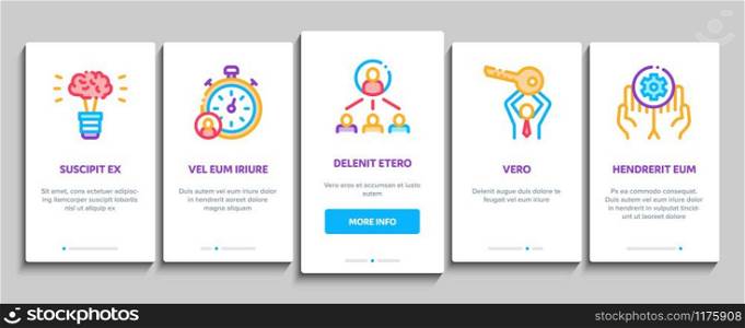 Mentor Relationship Onboarding Mobile App Page Screen Vector. Human Holding Key And Gear, Stopwatch And Mountain With Flag, Mentor Concept Linear Pictograms. Color Contour Illustrations. Mentor Relationship Onboarding Elements Icons Set Vector