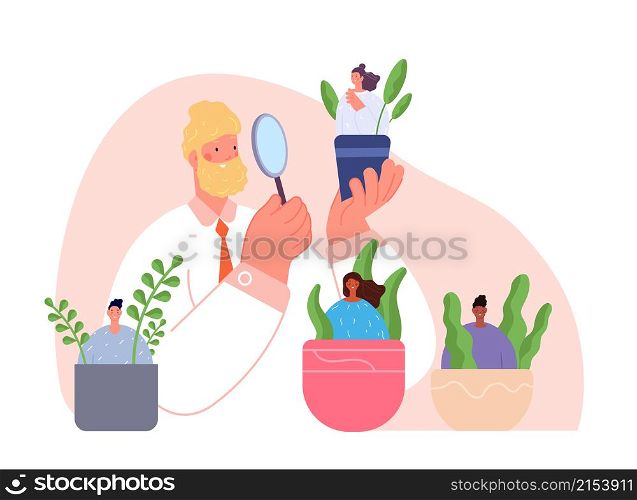 Mentoring concept. Boss planting workers, leadership or recruitment metaphor. Supervising manager, businessman choice and mentorship utter vector scene. Illustration boss executive training staff. Mentoring concept. Boss planting workers, leadership or recruitment metaphor. Supervising manager, businessman choice and mentorship utter vector scene