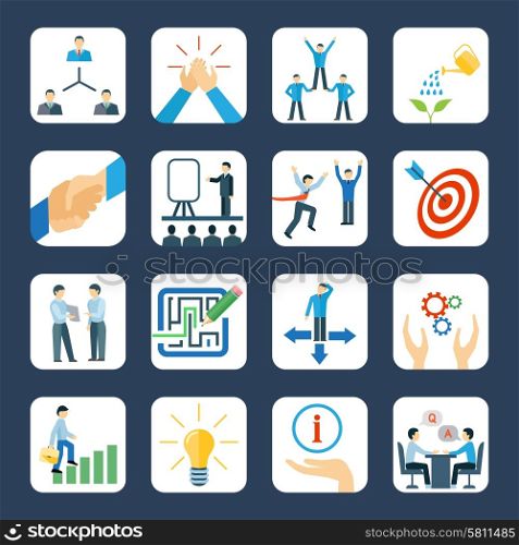Mentoring flat icons set. Personal development and teamwork mentoring business programs flat icons set with hands symbols abstract isolated vector illustration