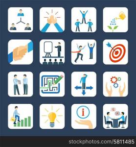 Mentoring flat icons set. Personal development and teamwork mentoring business programs flat icons set with hands symbols abstract isolated vector illustration