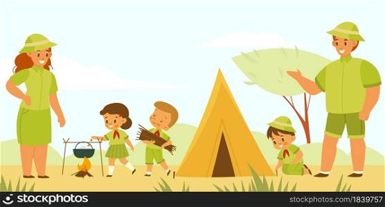 Mentors and scouts. Kids camping tourism. Cartoon young explorers pitch tent and cook at campfire. Cute children in uniform with teachers. Summer outdoor hiking vacation. Vector nature adventurers. Mentors and scouts. Kids camping tourism. Young explorers pitch tent and cook at campfire. Children in uniform with teachers. Summer outdoor hiking vacation. Vector nature adventurers