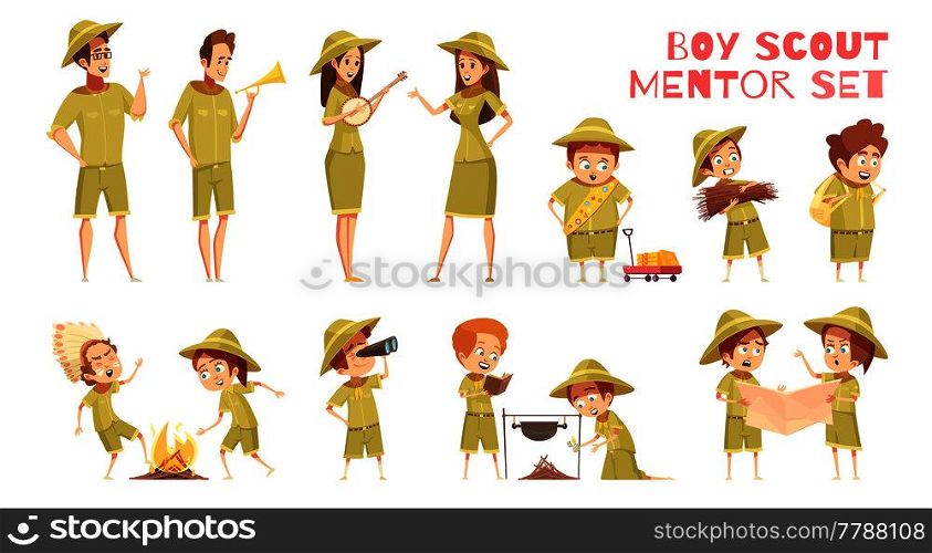Mentors guiding boy scouts orienteering with map outdoor camp activities retro cartoon icons series isolated vector illustration . Scouts Mentors Cartoon Icons Set