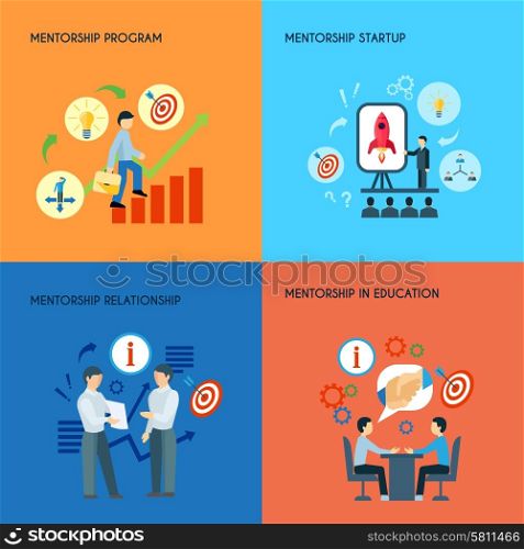 Mentorship 4 flat icons square composition . Business public relations in education mentorship startup program concept 4 flat icons composition abstract isolated vector illustration