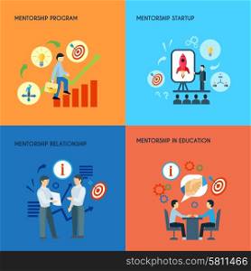 Mentorship 4 flat icons square composition . Business public relations in education mentorship startup program concept 4 flat icons composition abstract isolated vector illustration