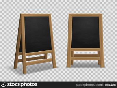 Menu announcement board. Realistic black wooden easel, sidewalk stand, restaurant board different angles for outdoor street menu or shopping advertising isolated vector mockup. Menu announcement board. Realistic black wooden easel, sidewalk stand, restaurant board different angles for street menu isolated vector mockup