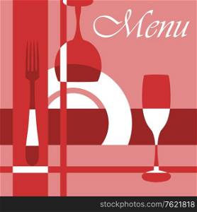 Menu background with dishware and glasses in red and pink colours
