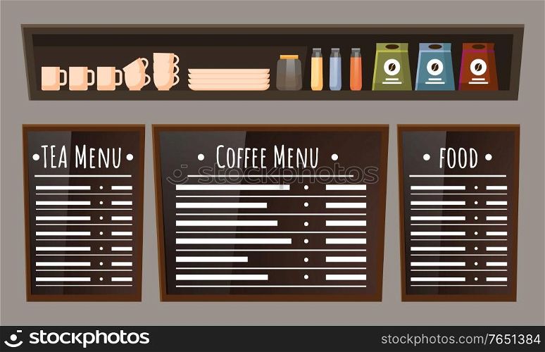Menu board with positions of food and beverages. Coffee and tea items on chalkboard. Cups, plates and bottles on wooden shelf. Coffeehouse homelike interior, furniture for cafe. Vector illustration. Coffeehouse Interior, Menu with Food and Coffee