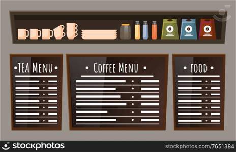 Menu board with positions of food and beverages. Coffee and tea items on chalkboard. Cups, plates and bottles on wooden shelf. Coffeehouse homelike interior, furniture for cafe. Vector illustration. Coffeehouse Interior, Menu with Food and Coffee