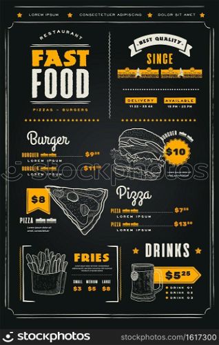Menu design for fast food restaurant with decorative product images editable item titles captions and prices vector illustration