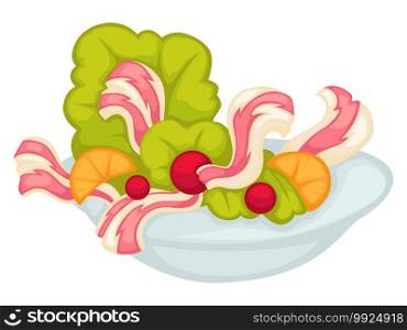 Menu dish served on plate, isolated meal with salad leaves, bacon strips, cherry tomatoes and citrus fruit. Healthy lifestyle dieting products. Vegetarian or vegan recipe for low carbs vector. Salad made of bacon, tomatoes and leaves vector