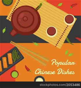 Menu for restaurant serving asian food, popular chinese dishes and drinks. Kettle with tea and meat rolls served on plate. Promotional banner or poster with discounts and sales. Vector in flat style. Popular chinese dishes, menu for asian restaurant