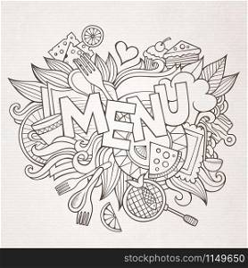 Menu hand lettering and doodles elements and symbols background. Vector hand drawn sketchy illustration. Menu cartoon hand lettering and doodles elements background