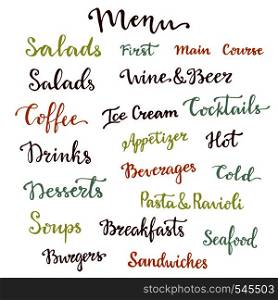 Menu lettering set. Desserts and other words collection. Vector calligraphy. Menu lettering set. Desserts, starters, drinks, breakfasts, cocktails and other words collection. Vector calligraphy