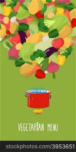 Menu of vegetables. Vegetarian food vector illustration. Concept for restaurant nutrition. Cooking in a pan of useful products&#xA;