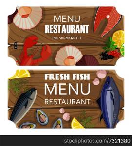 Menu restaurant, premium quality, fresh fish and menu of restaurant, slice of lemon and dill, crayfish and shell, isolated on vector illustration. Menu Restaurant Premium Set Vector Illustration