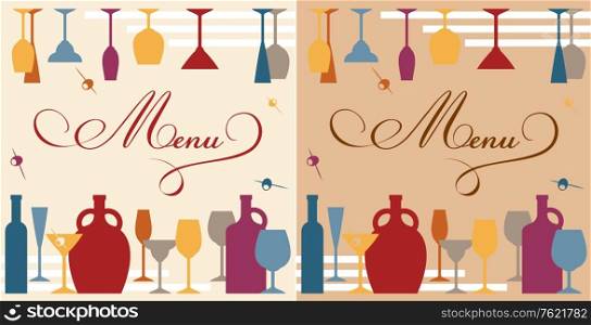 Menu template for bar or restaurant with dishware and bottles