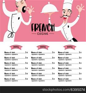 Menu template with a picture of a chef holding a dish. French cuisine.
