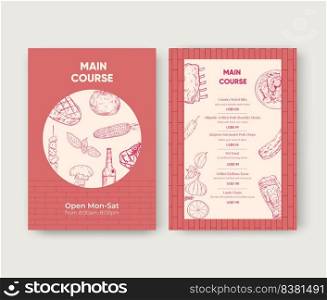 Menu template with barbeque steak concept,drawing monochrome illustration  