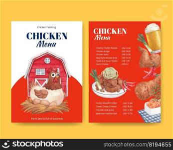 Menu template with chicken farm food concept,watercolor style  