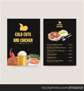 Menu template with chicken farm food concept,watercolor style  