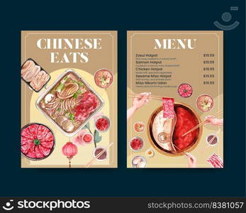 Menu template with Chinese hotpot concept,watercolor 