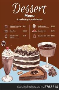 Menu template with chocolate dessert concept,watercolor style 