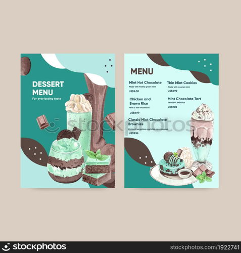Menu template with chocolate mint dessert concept,watercolor style