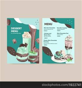 Menu template with chocolate mint dessert concept,watercolor style