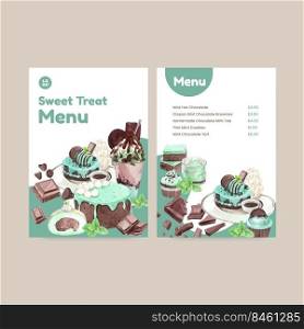 Menu template with chocolate mint dessert concept,watercolor style 