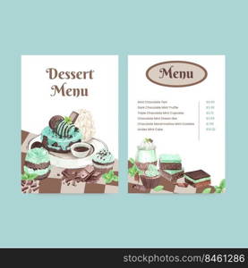 Menu template with chocolate mint dessert concept,watercolor style 