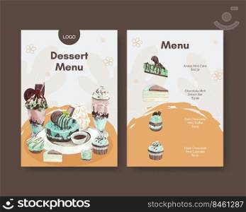 Menu template with chocolate mint dessert concept,watercolor style 