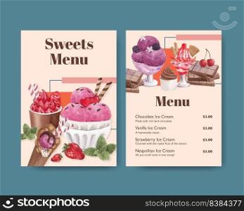 Menu template with ice cream flavor concept,watercolor style
