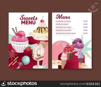 Menu template with ice cream flavor concept,watercolor style 