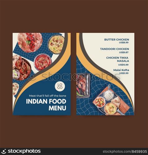 Menu template with Indian food concept design for restaurant and bistro watercolor illustraton 