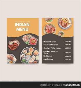 Menu template with Indian food concept design for restaurant and bistro watercolor illustraton 