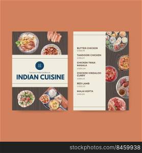 Menu template with Indian food concept design for restaurant and bistro watercolor illustraton
