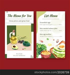 Menu template with ketogenic diet concept for restaurant and food shop watercolor vector illustration.