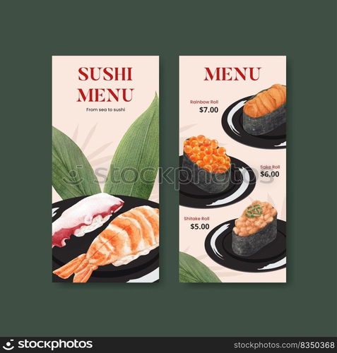 Menu template with premium sushi concept,watercolor style 