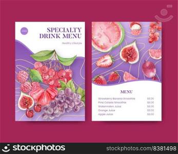 Menu template with red fruits and vegetable concept,watercolor style 