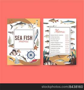 Menu template with sea fish concept,watercolor style. 