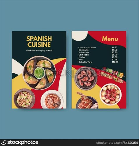 Menu template with Spain cuisi≠concept design for bisto and resτrant watercolor illustration 