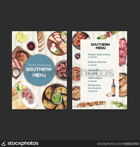 Menu template with Spain cuisine concept design for bisto and restaurant watercolor illustration 
