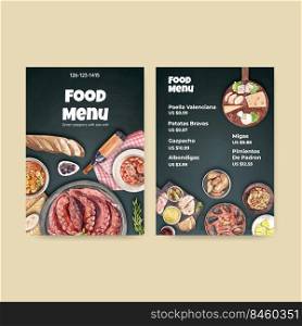 Menu template with Spain cuisine concept design for bisto and restaurant watercolor illustration 