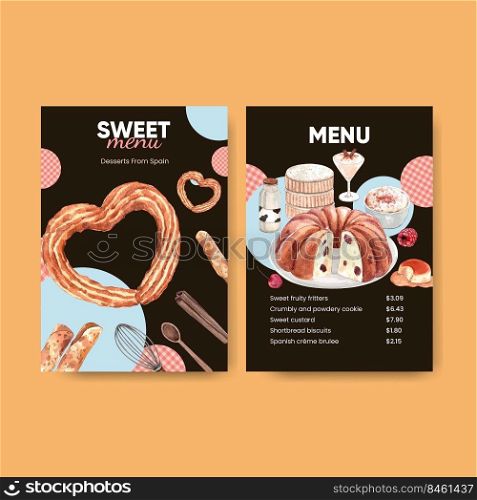 Menu template with Spain dessert concept,watercolor style 