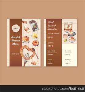 Menu template with Spain dessert concept,watercolor style 